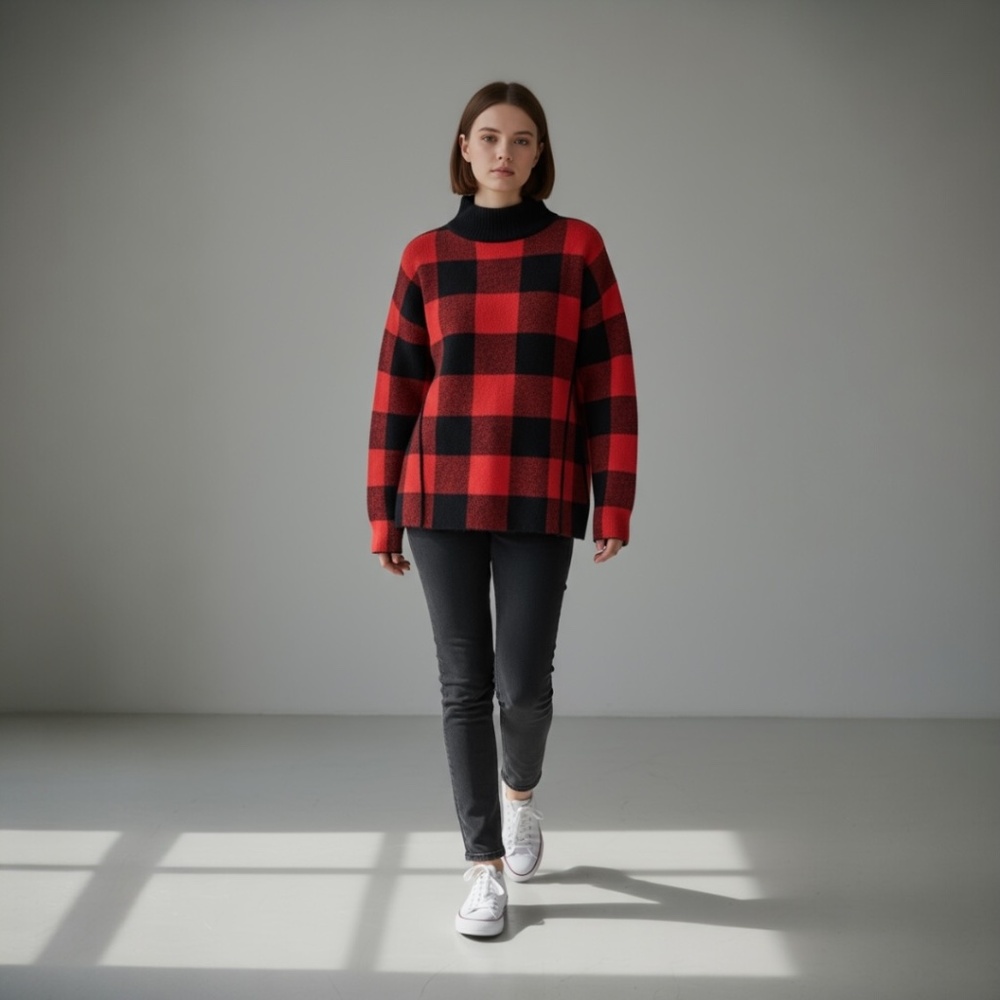 Rachel Zoe Red Buffalo Plaid Mock Turtleneck Sweater